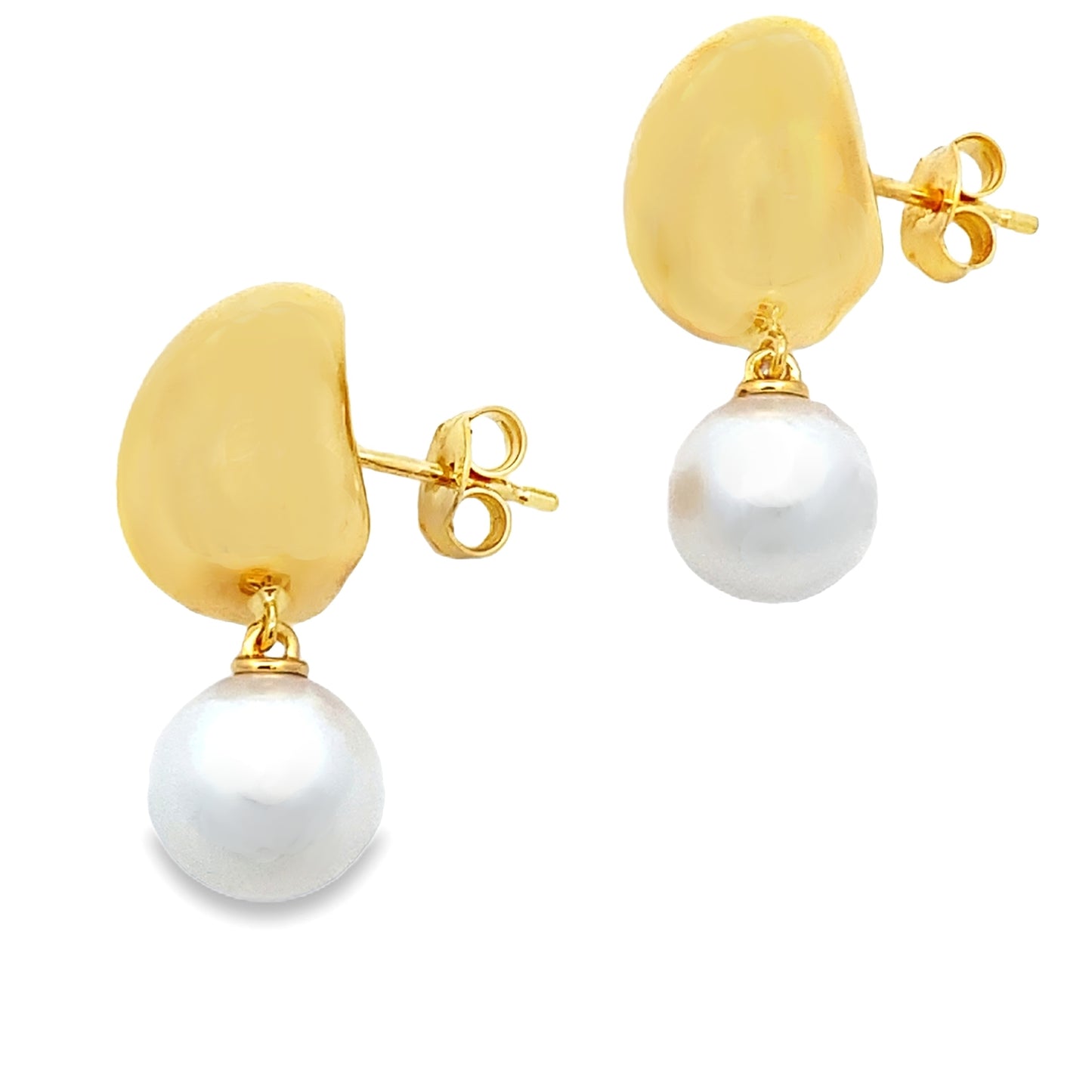 Puffed Gold Pearl Dangle Earrings Yellow Gold14kt