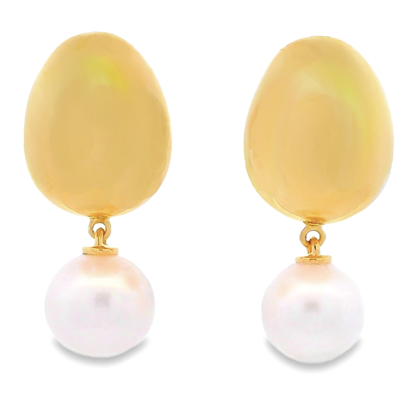 Puffed Gold Pearl Dangle Earrings Yellow Gold14kt