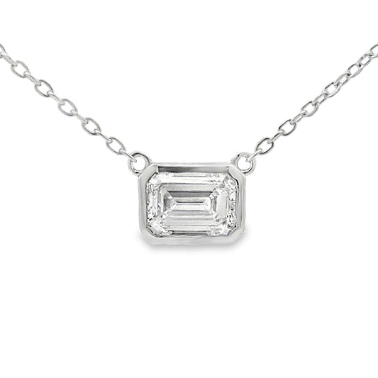 Bezel 1ct Emerald Cut Lab Grown Diamond Solitaire Necklace Sterling Silver