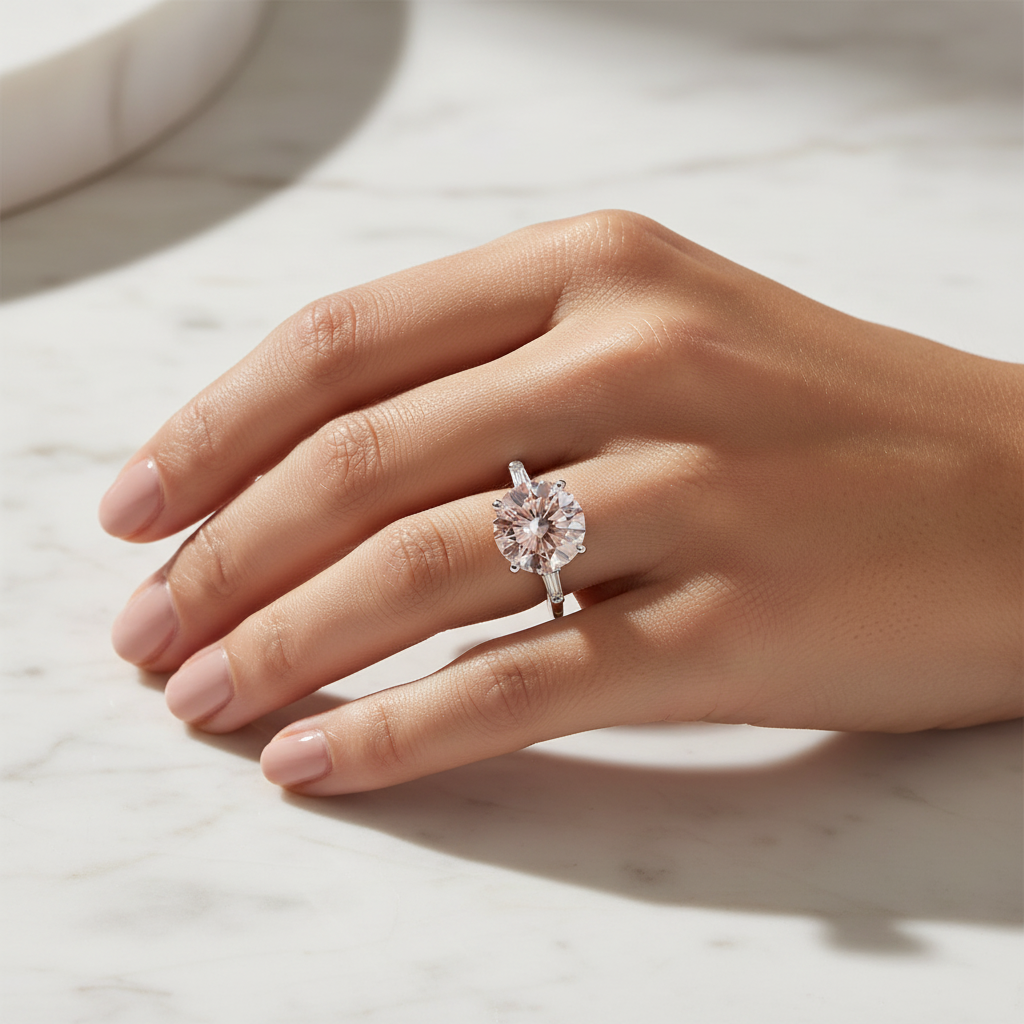 Round Pink Lab Grown Diamond with baguette sides 3.50ct white gold 14kt Engagement ring
