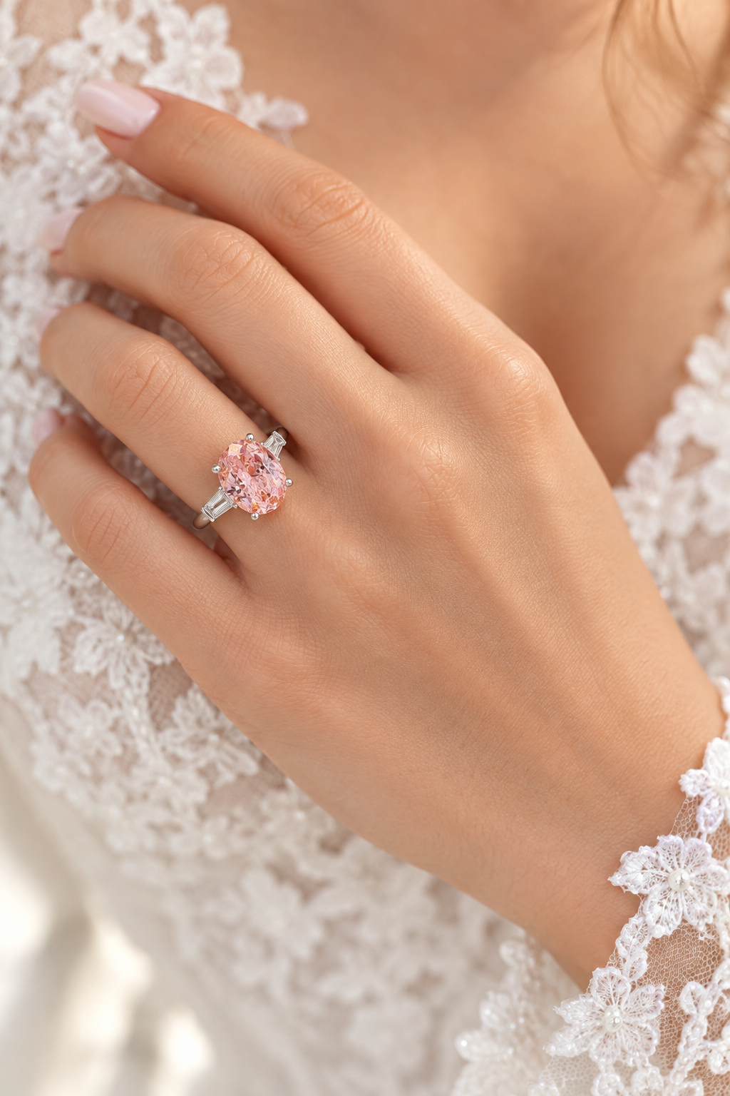 3.50ct Oval Lab Grown Pink Diamond Engagement Ring White Gold 14kt