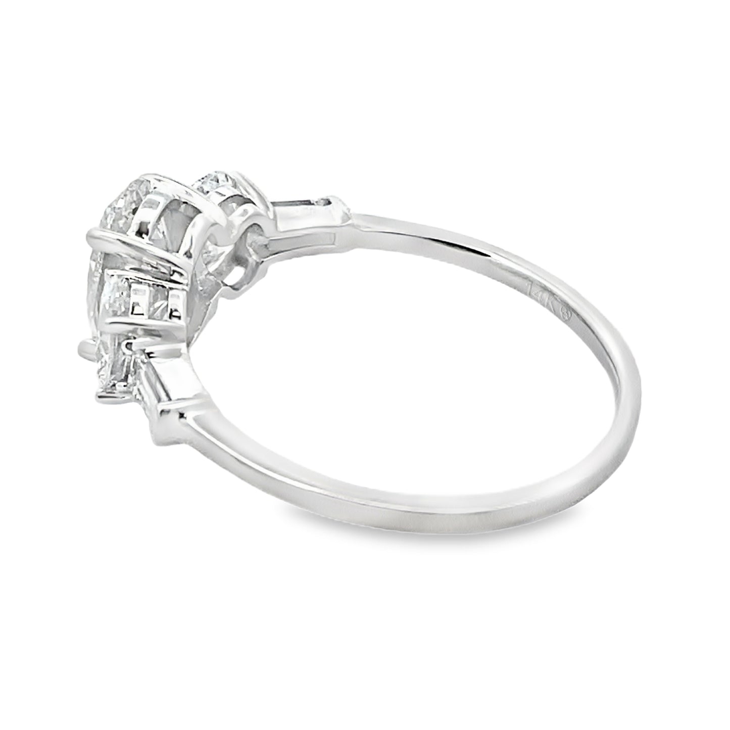side view of three stone lab grown diamond ring