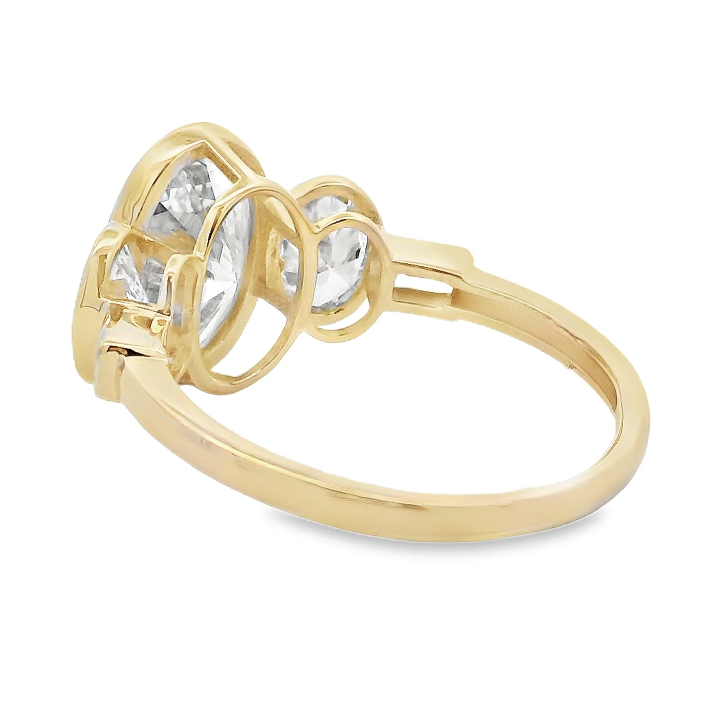 2.75ct Oval Lab Grown Diamond Three Stone Bezel Ring 14kt Yellow Gold