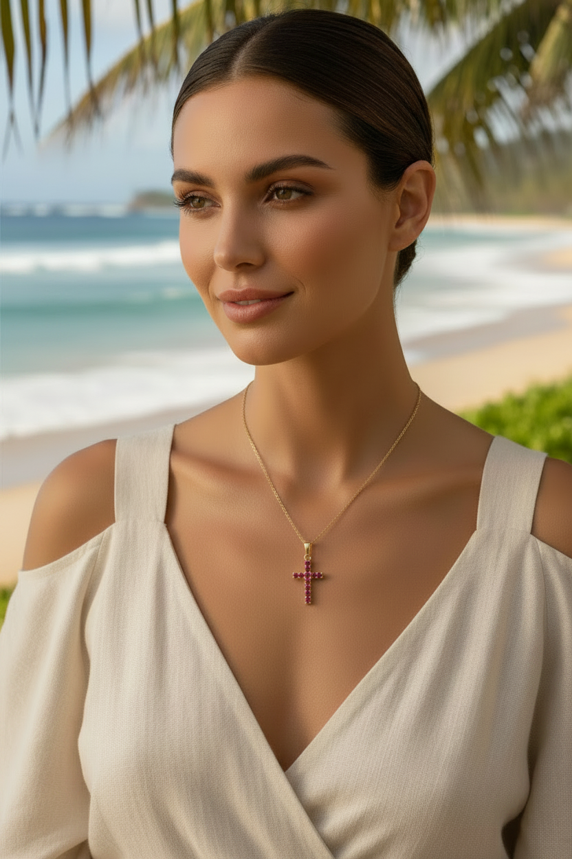 Ruby Cross Pendant Necklace 10kt Yellow Gold