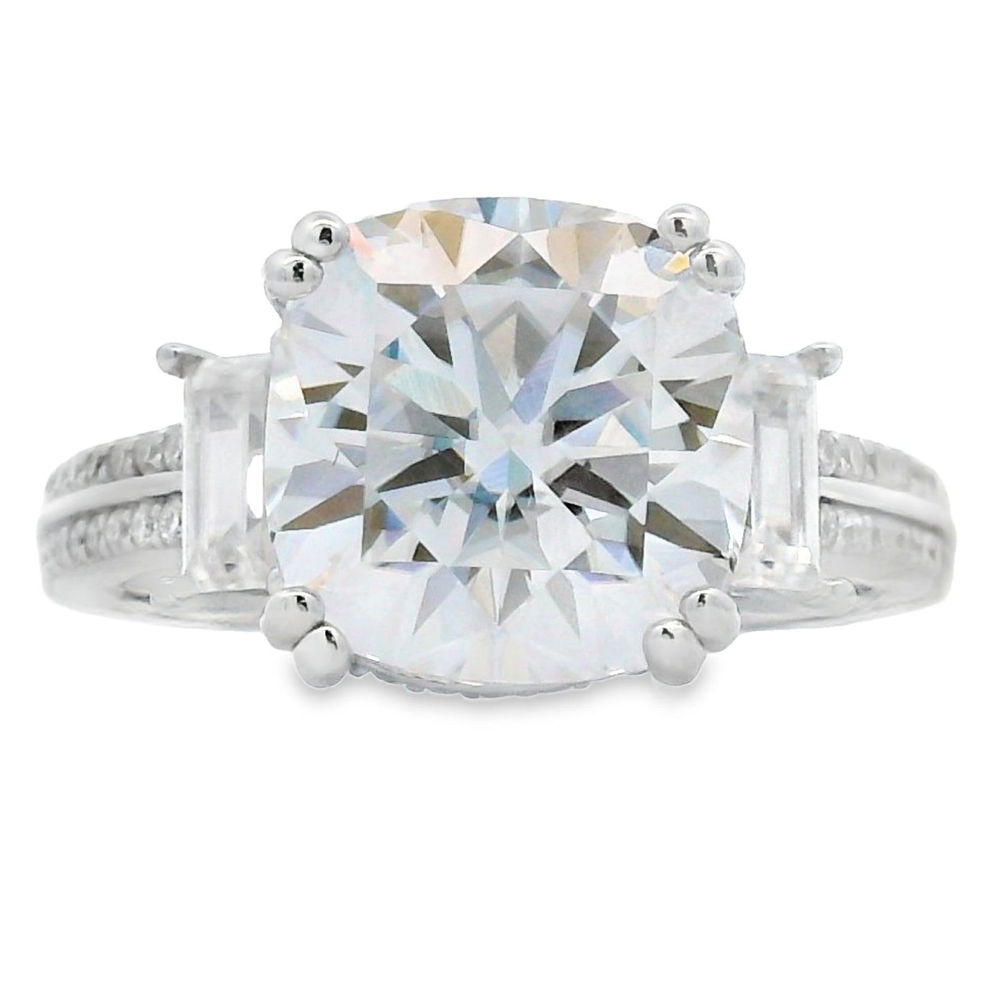6.63ct Cushion Cut Moissanite Three Stone Ring in Sterling Silver