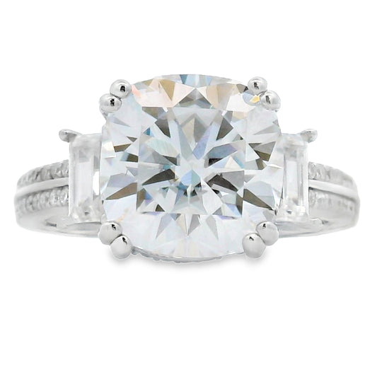 6.63ct Cushion Cut Moissanite Three Stone Ring in Sterling Silver