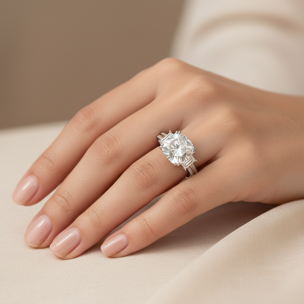 6.63ct Cushion Cut Moissanite Three Stone Ring in Sterling Silver
