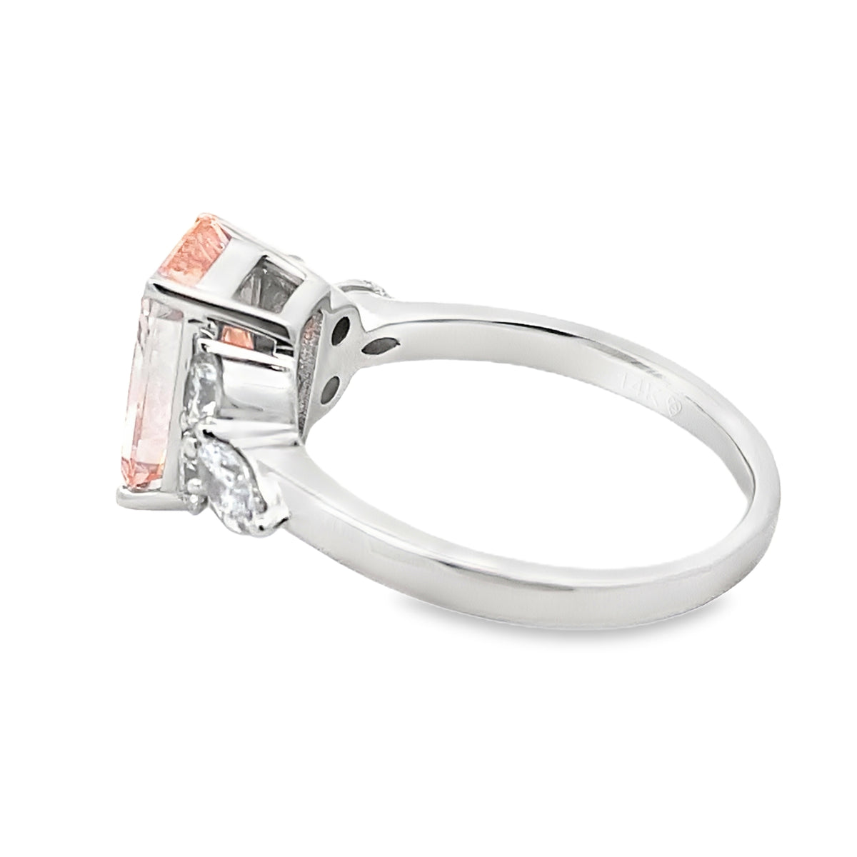 3.75ct total pink radiant lab grown diamond engagement ring in 14K white gold with round and marquise accents