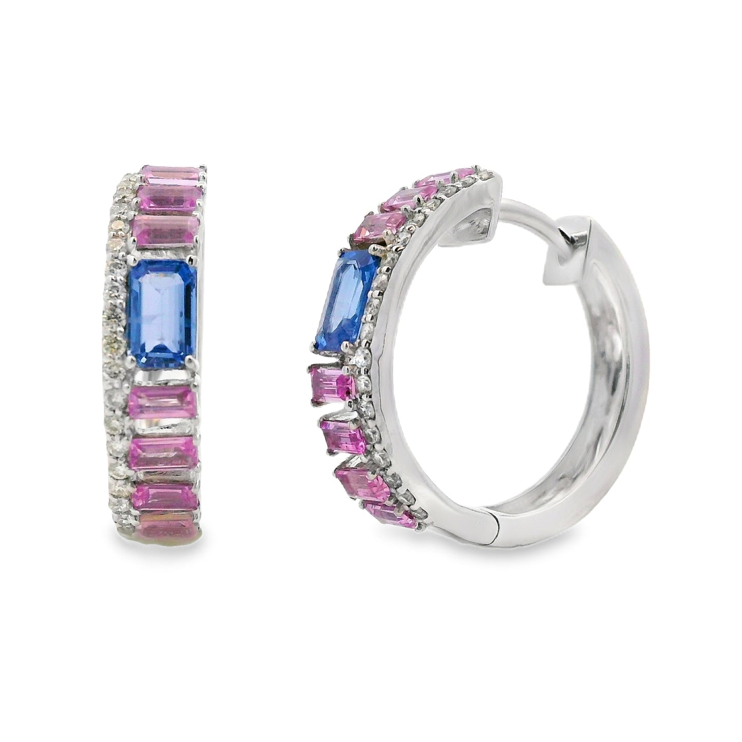 Pink Blue Sapphire Diamond Huggie Hoop Earrings White Gold 14kt