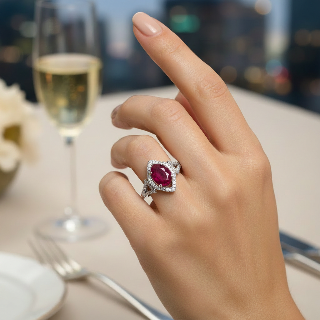 1.26ct Ruby Diamond Halo Ring 14kt White Gold