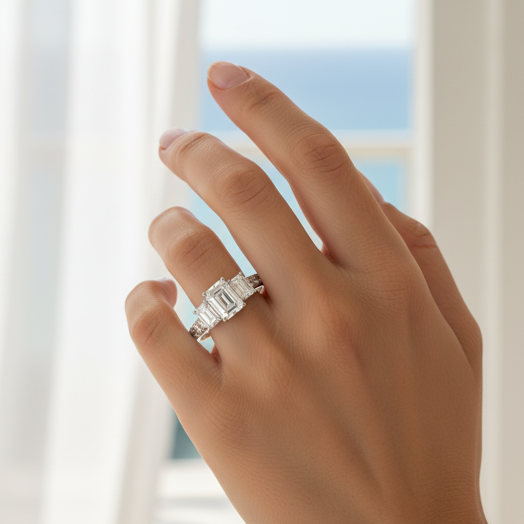2ct Lab Grown Diamond Three-Stone Emerald Cut Ring 14kt White Gold