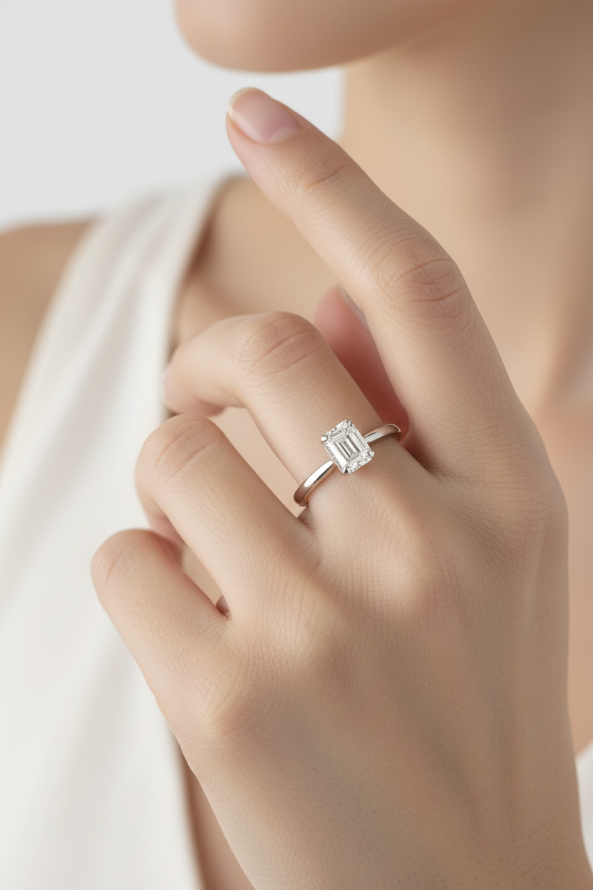 Claw prong emerald cut lab grown solitaire promise ring white gold 10kt