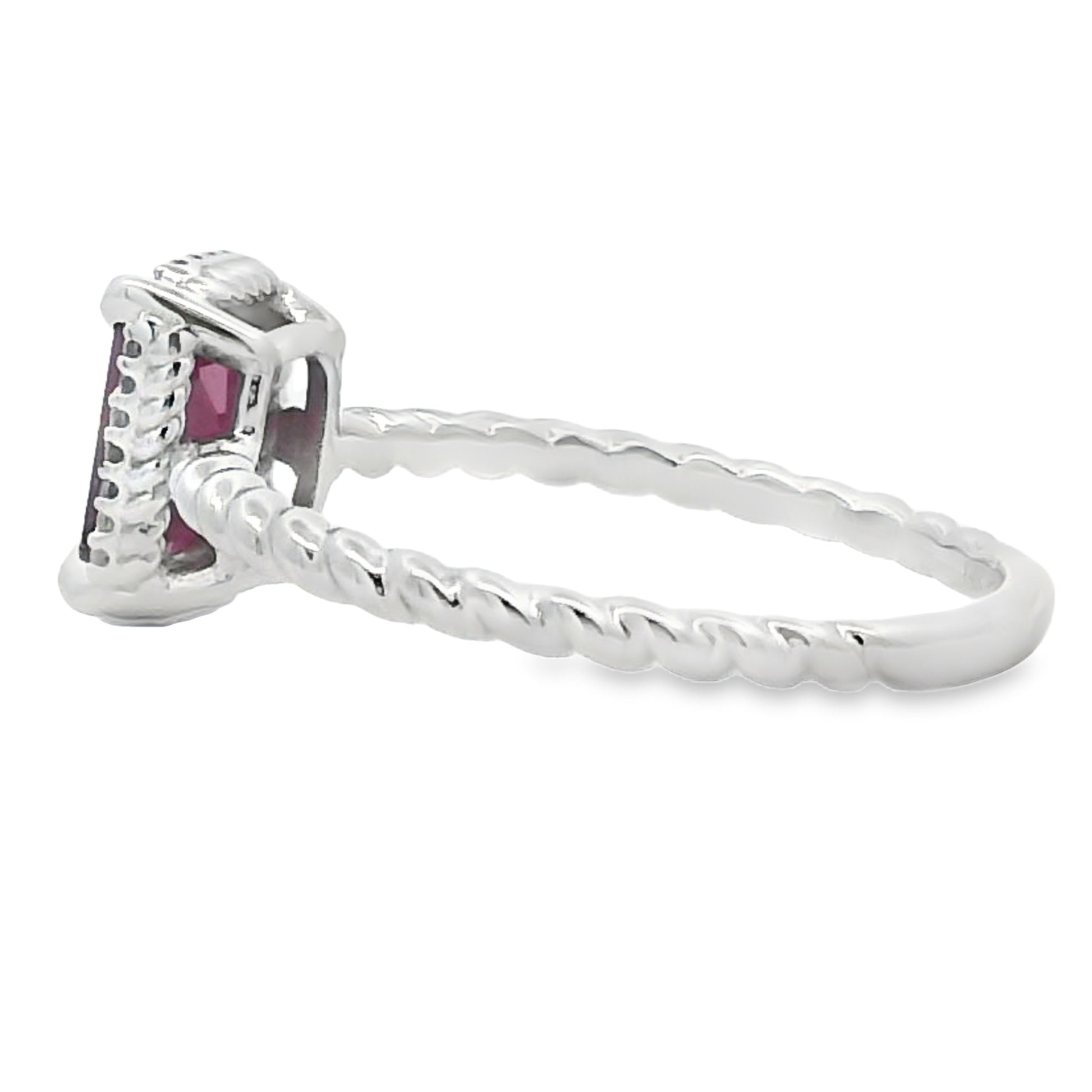 Ruby Diamond Halo Ring Twisted Band 14kt White Gold Claw prongs side view