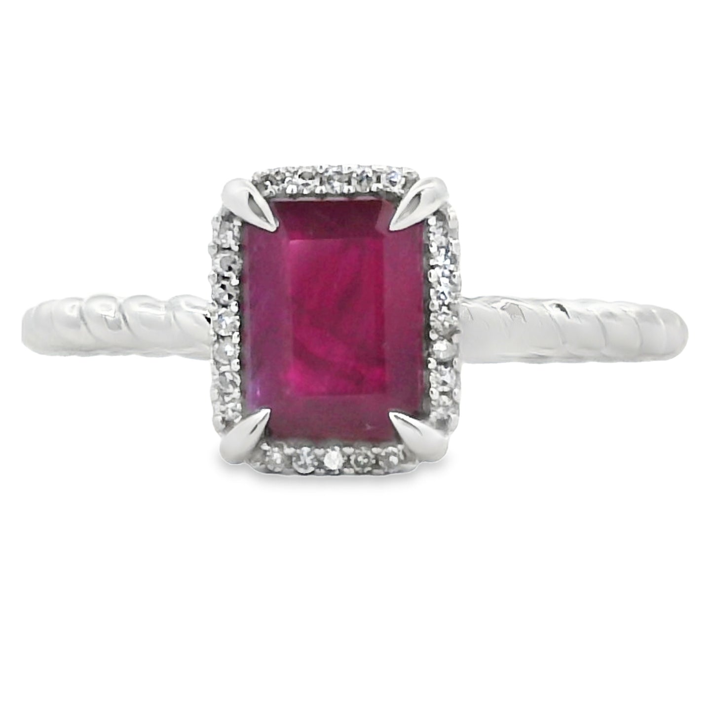 Ruby Diamond Halo Ring Twisted Band 14kt White Gold Claw prongs