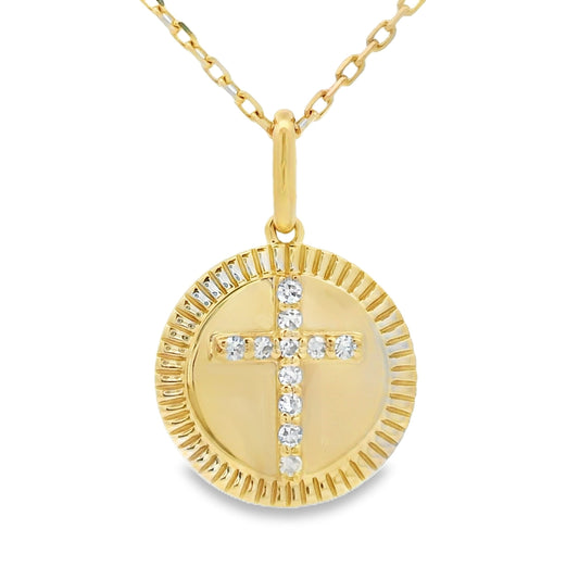 14k yellow gold circle diamond cross pendant necklace with natural round diamonds