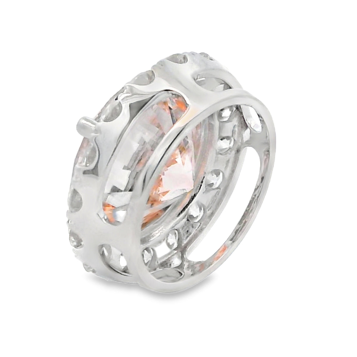 Side view of 6.00 ctw pink lab-grown diamond halo pendant showing 14KT white gold prong setting