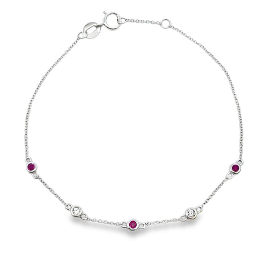 Ruby Diamond Station Bracelet 14kt White Gold Adjustable