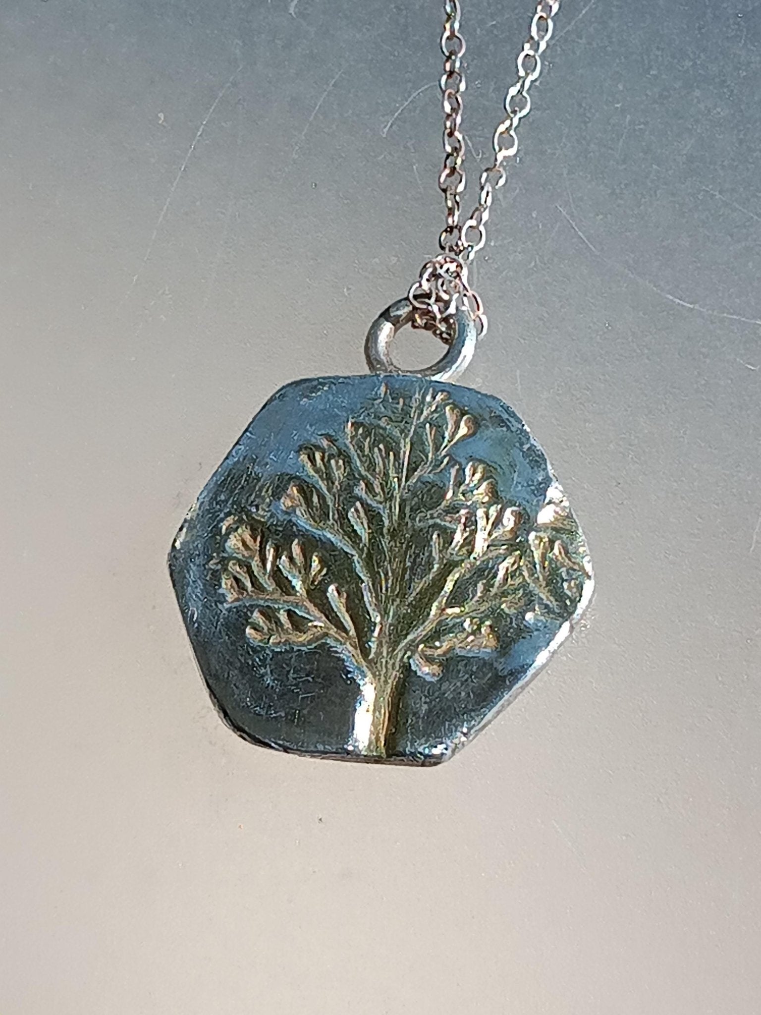 Gold Tree Pendant Hexagon Shape Fine Silver 22kt with Chain - Gems by Gigi