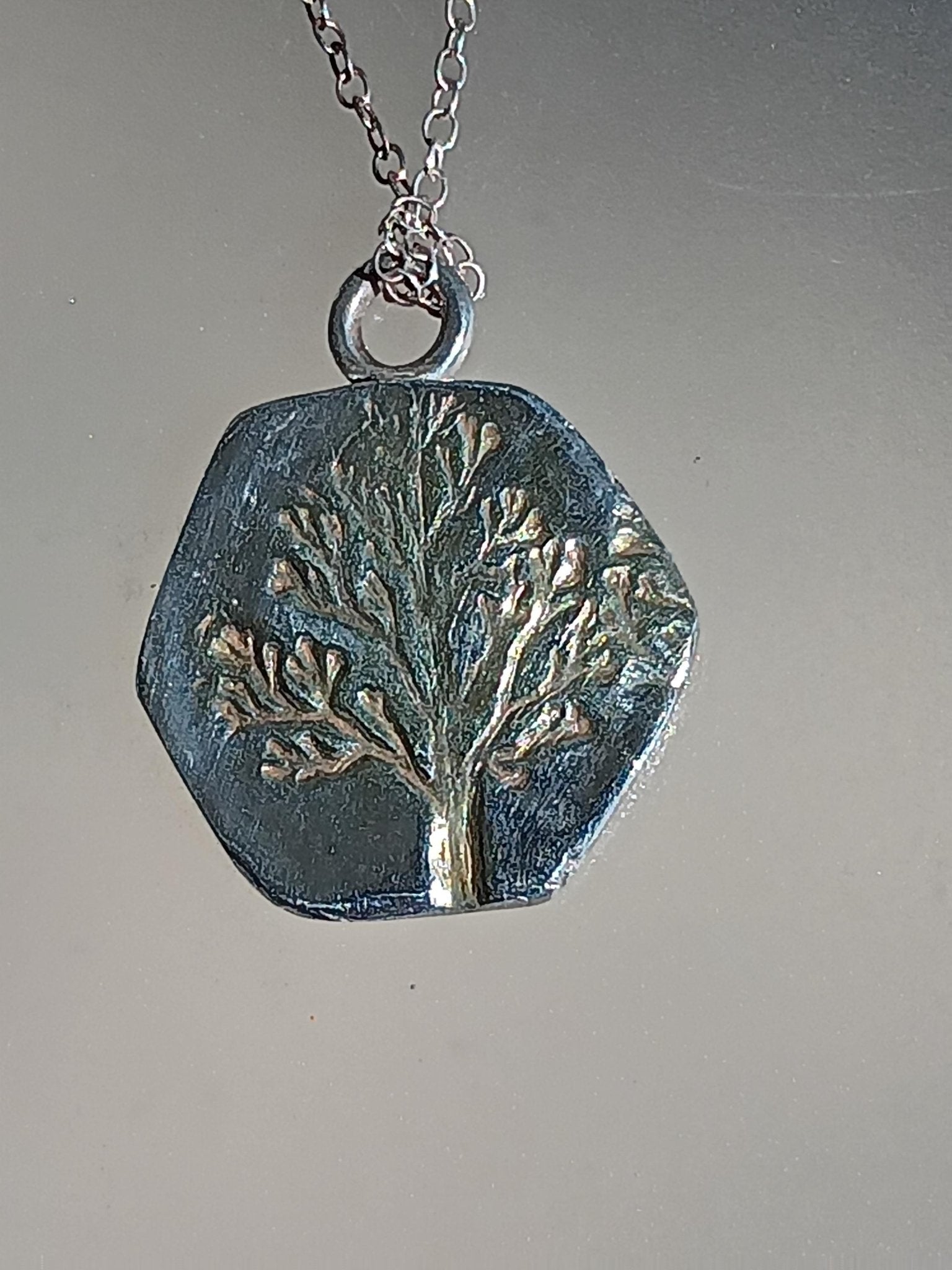 Gold Tree Pendant Hexagon Shape Fine Silver 22kt with Chain - Gems by Gigi