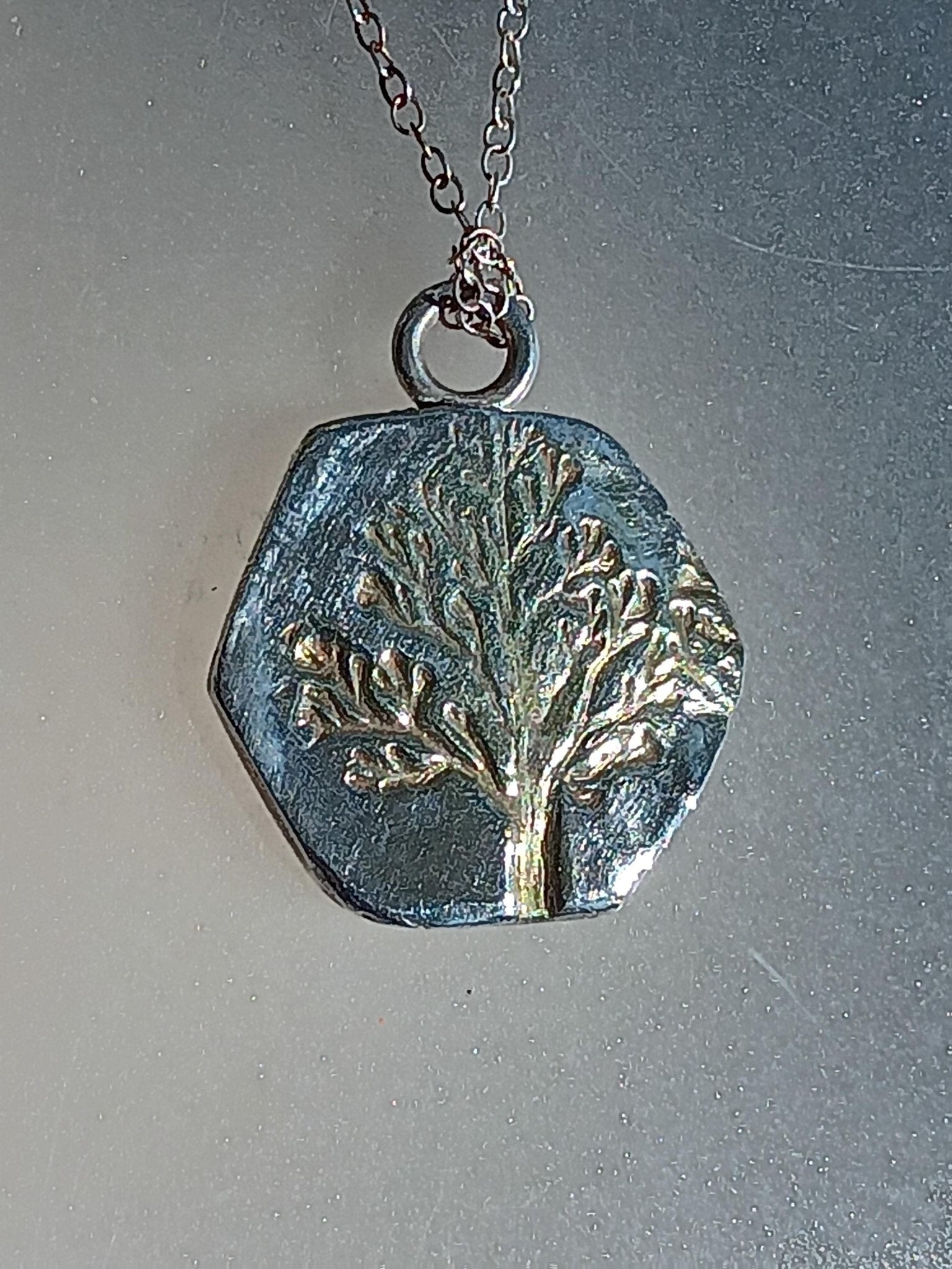 Gold Tree Pendant Hexagon Shape Fine Silver 22kt with Chain - Gems by Gigi