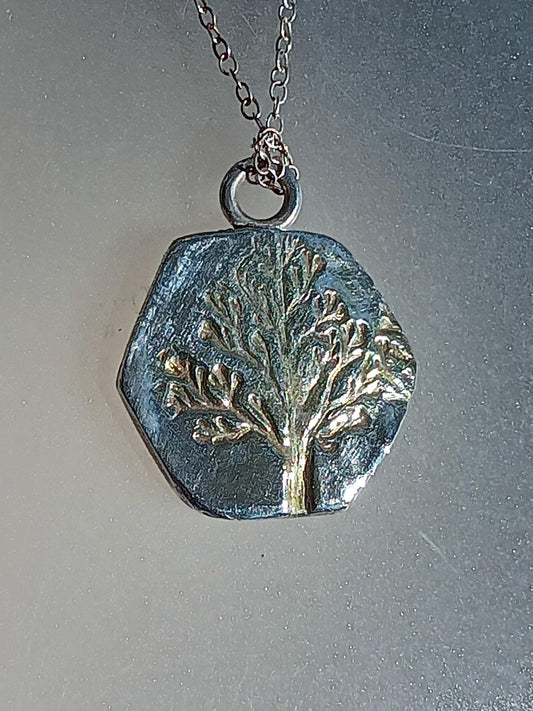 Gold Tree Pendant Hexagon Shape Fine Silver 22kt with Chain - Gems by Gigi