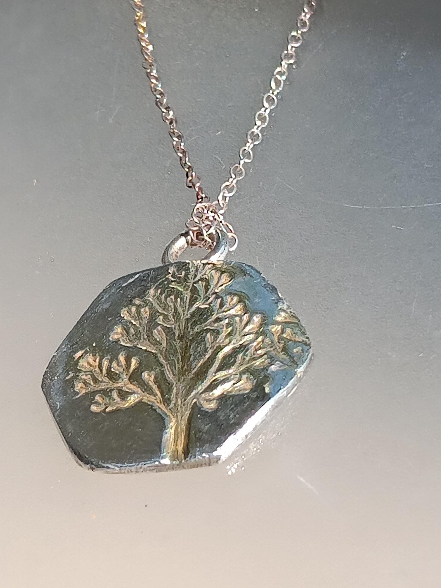 Gold Tree Pendant Hexagon Shape Fine Silver 22kt with Chain - Gems by Gigi