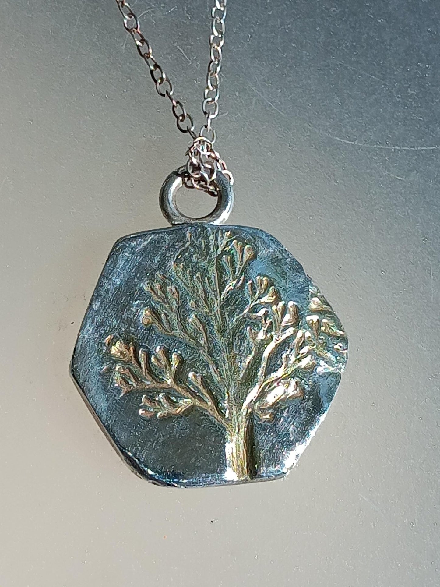 Gold Tree Pendant Hexagon Shape Fine Silver 22kt with Chain - Gems by Gigi