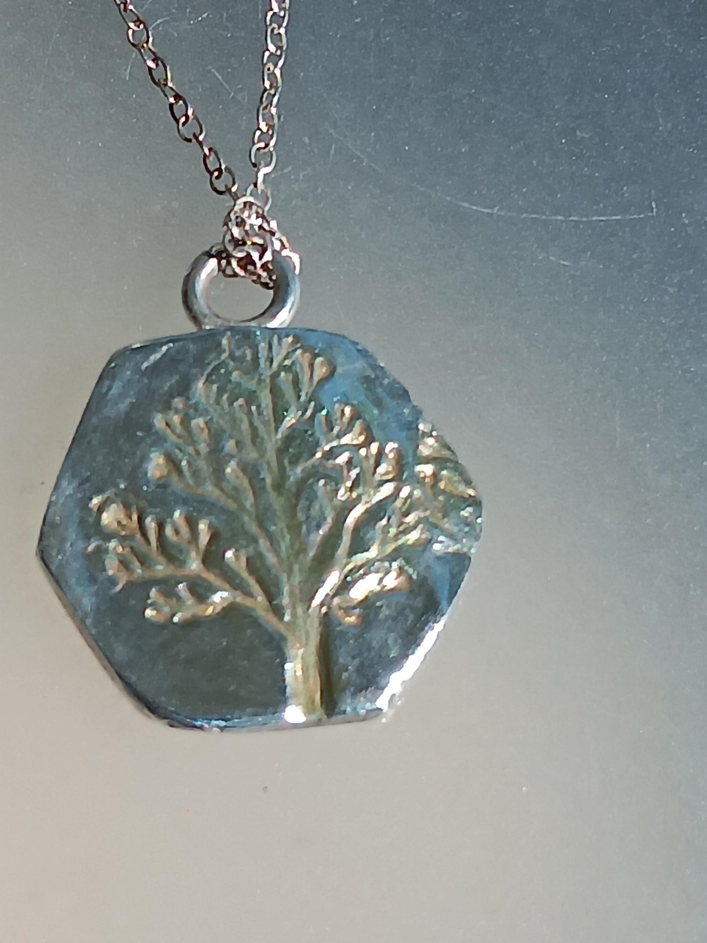 Gold Tree Pendant Hexagon Shape Fine Silver 22kt with Chain - Gems by Gigi