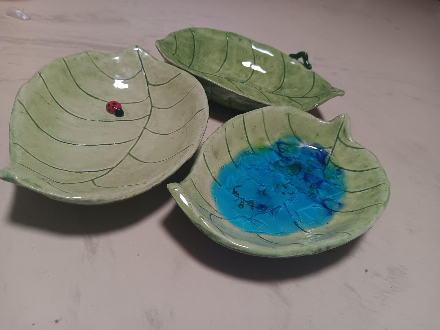 Green Ceramic Leaf Dish Set Worm Ladybug Water - Gems by Gigi