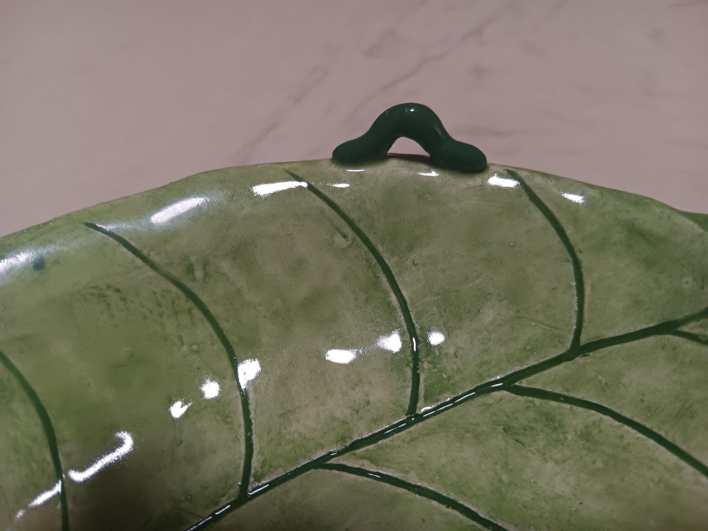 Green Ceramic Leaf Dish Set Worm Ladybug Water - Gems by Gigi