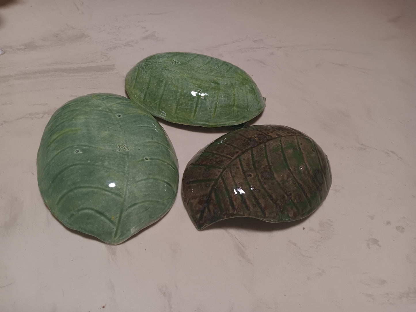 Green Ceramic Leaf Dish Set Worm Ladybug Water - Gems by Gigi