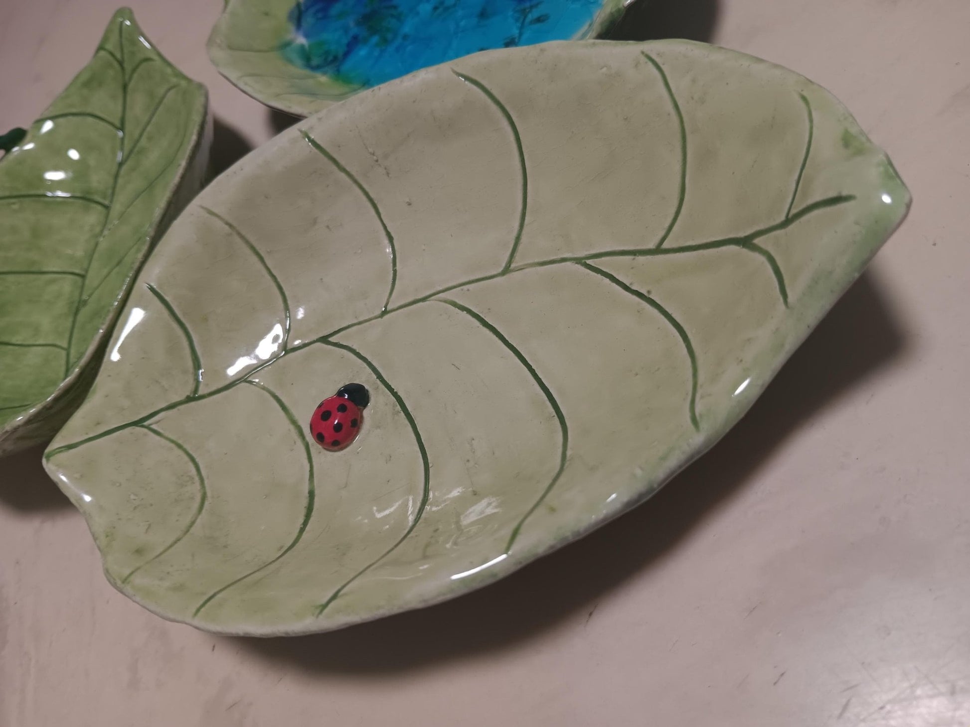 Green Ceramic Leaf Dish Set Worm Ladybug Water - Gems by Gigi