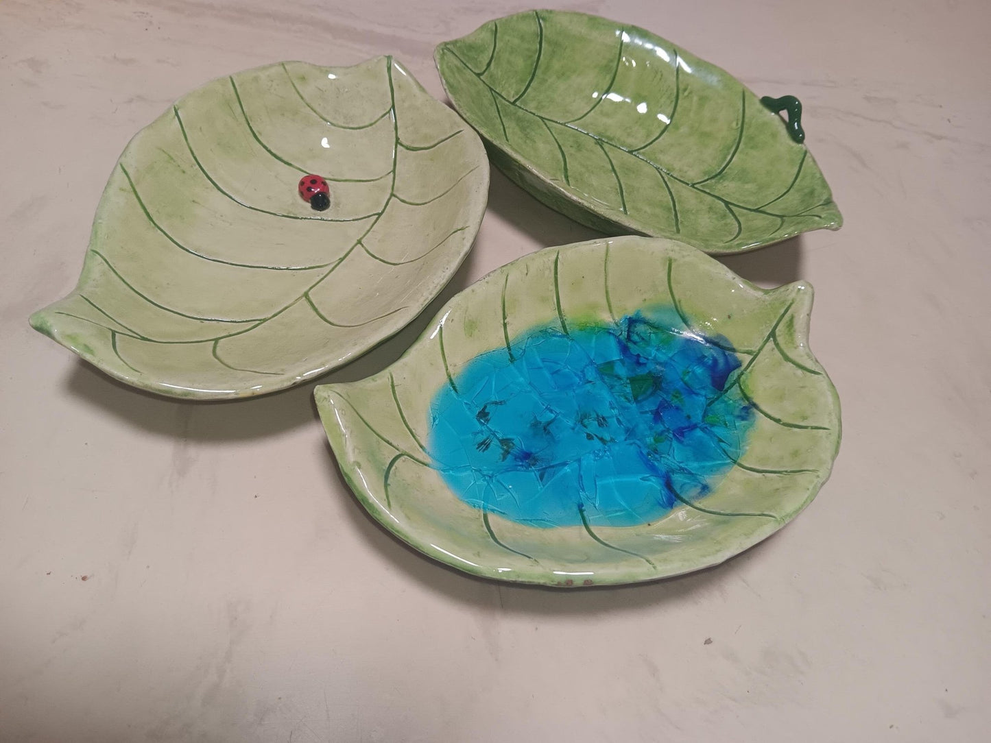 Green Ceramic Leaf Dish Set Worm Ladybug Water - Gems by Gigi