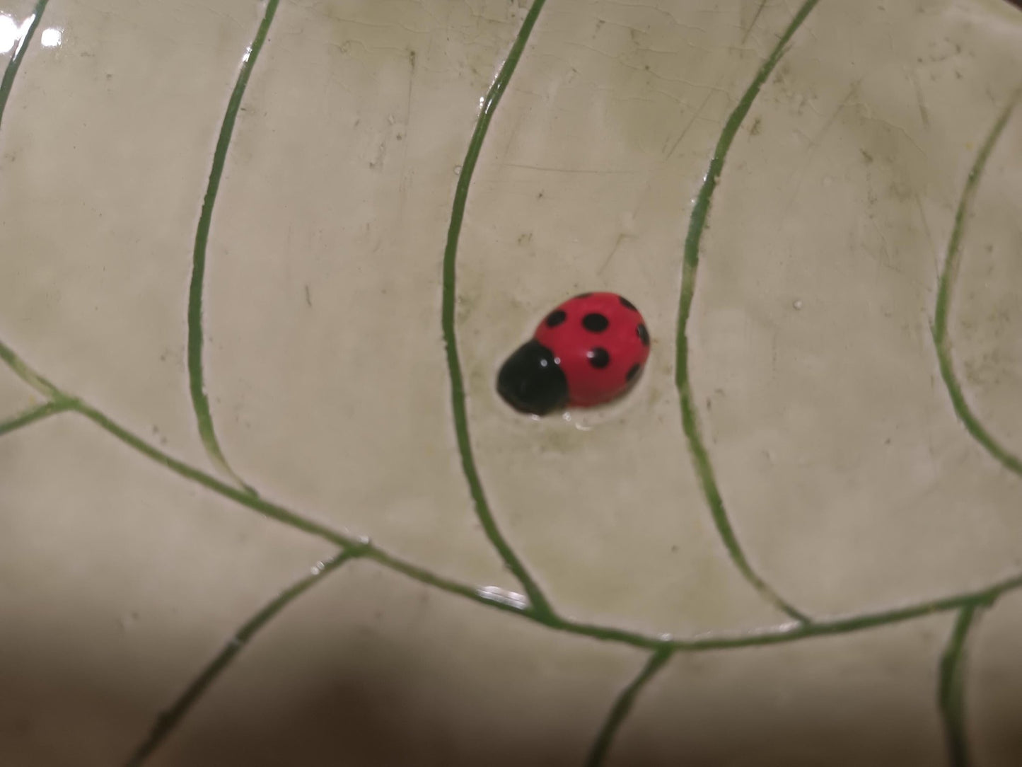 Green Ceramic Leaf Dish Set Worm Ladybug Water - Gems by Gigi