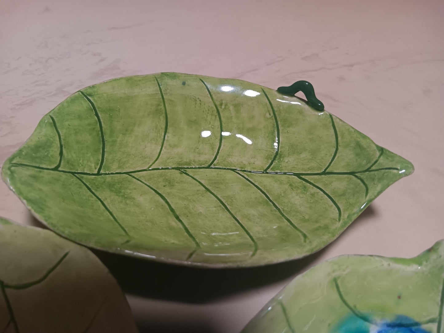 Green Ceramic Leaf Dish Set Worm Ladybug Water - Gems by Gigi