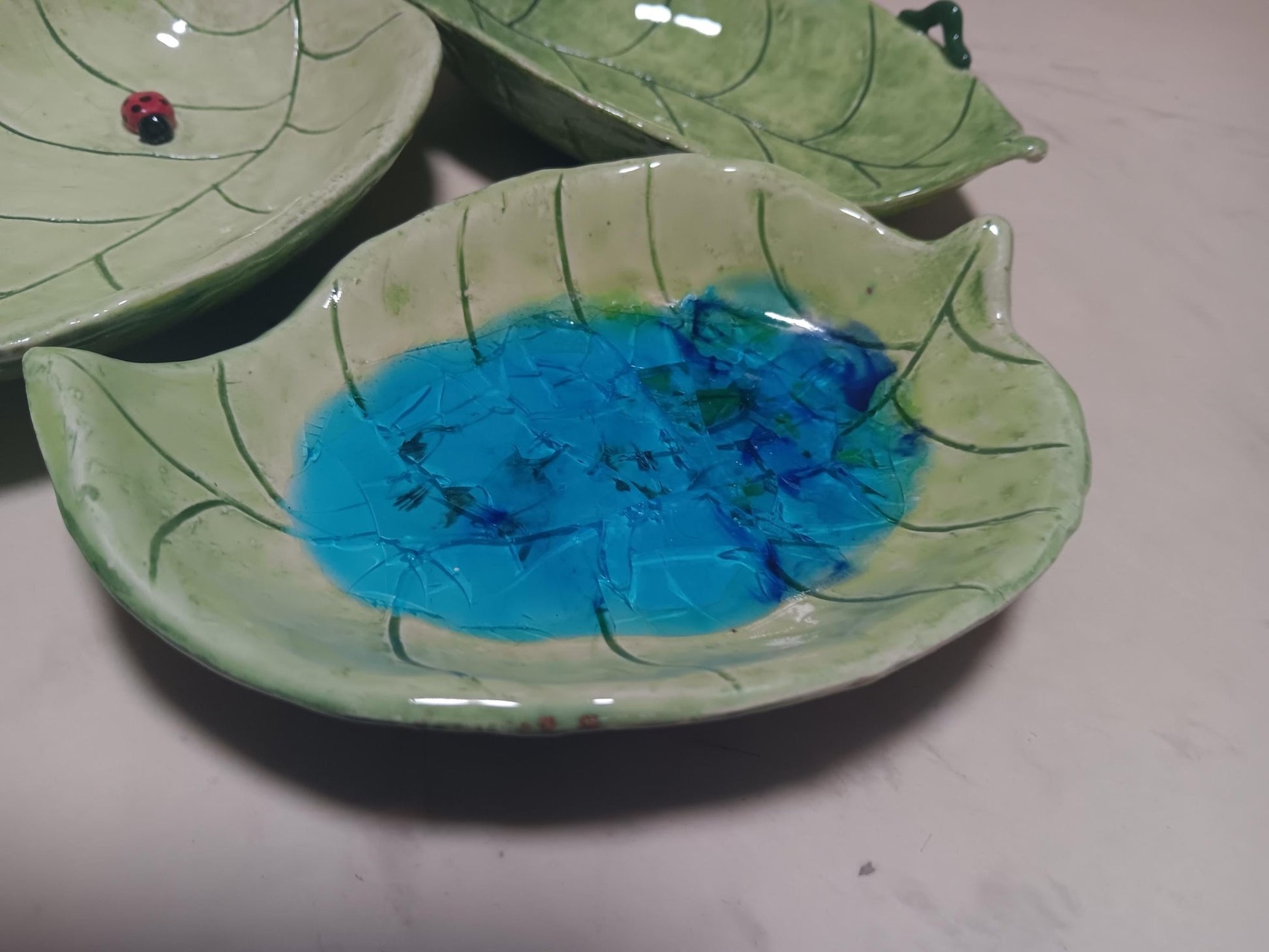 Green Ceramic Leaf Dish Set Worm Ladybug Water - Gems by Gigi
