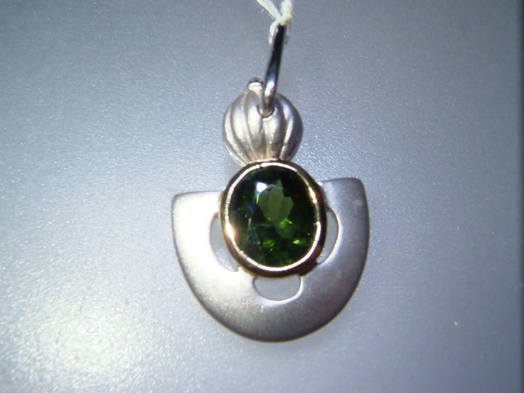 Green Tourmaline Solitaire Bezel Pendant Sterling Silver 18kt - Gems by Gigi