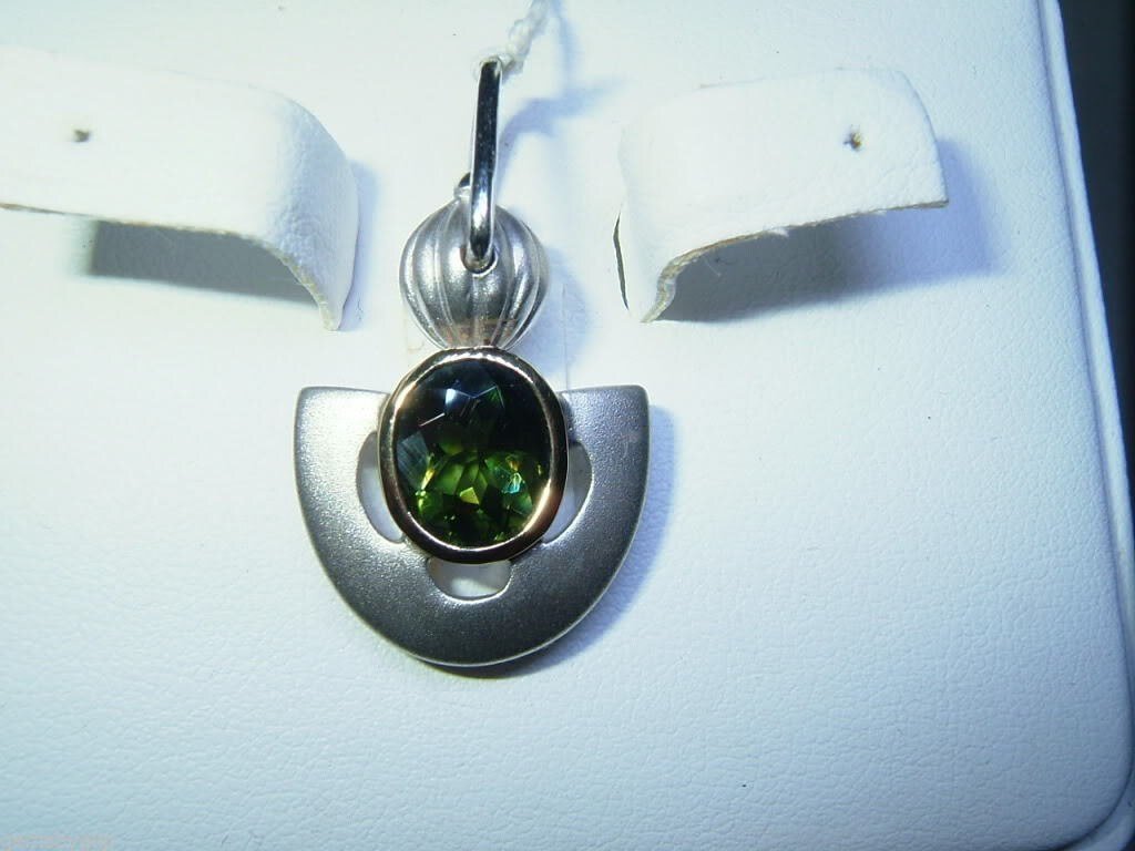 Green Tourmaline Solitaire Bezel Pendant Sterling Silver 18kt - Gems by Gigi