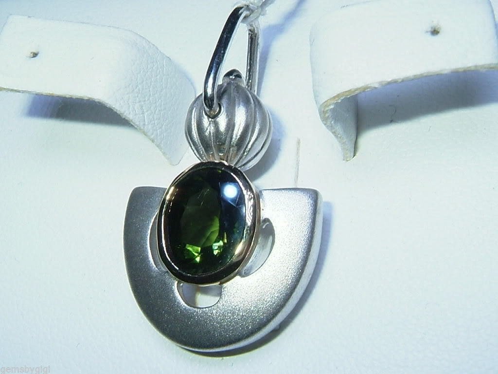 Green Tourmaline Solitaire Bezel Pendant Sterling Silver 18kt - Gems by Gigi