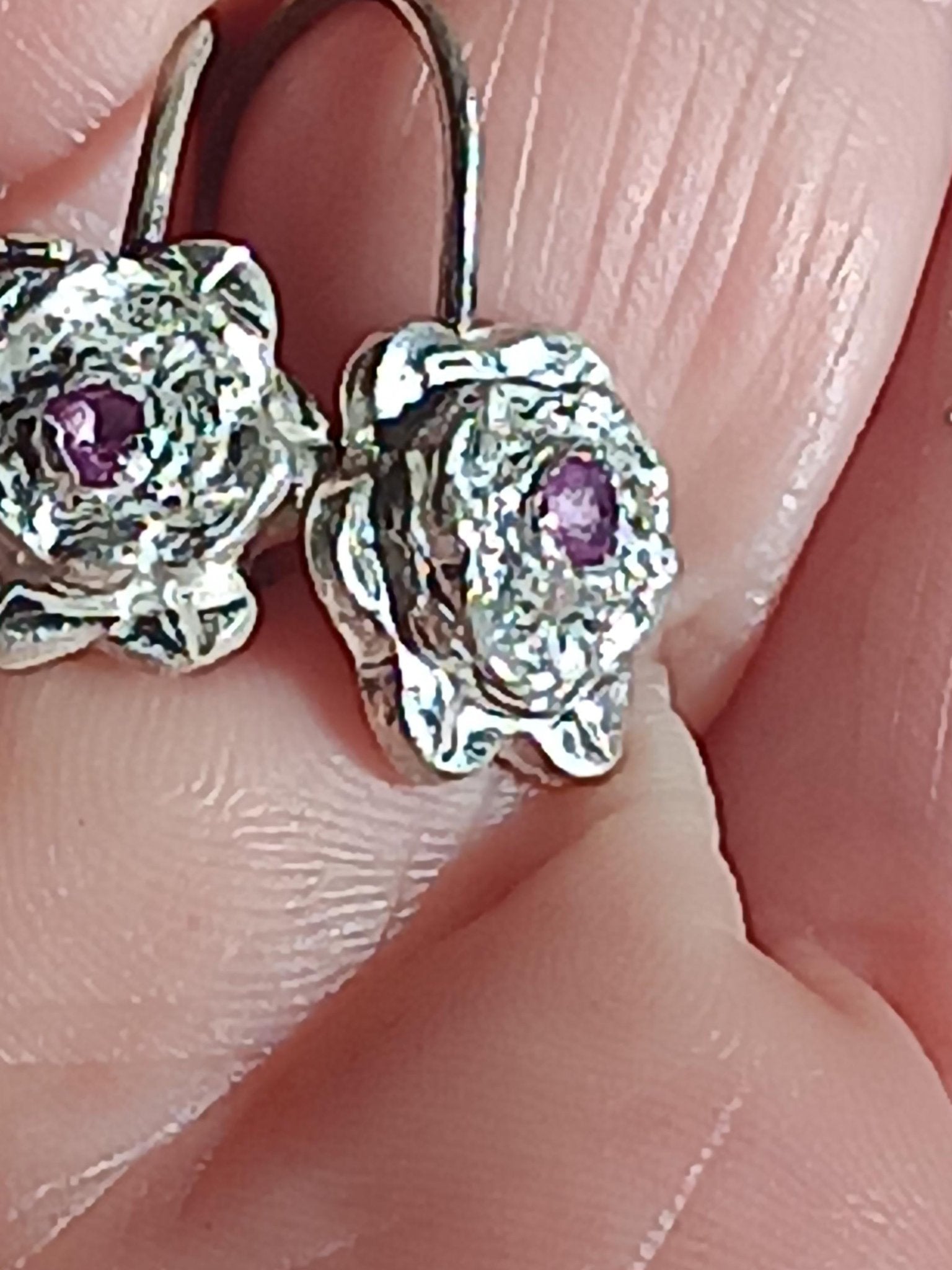 Hand Carved Fine Silver Flower Earrings with Pink Sapphire Center - Gems by Gigi