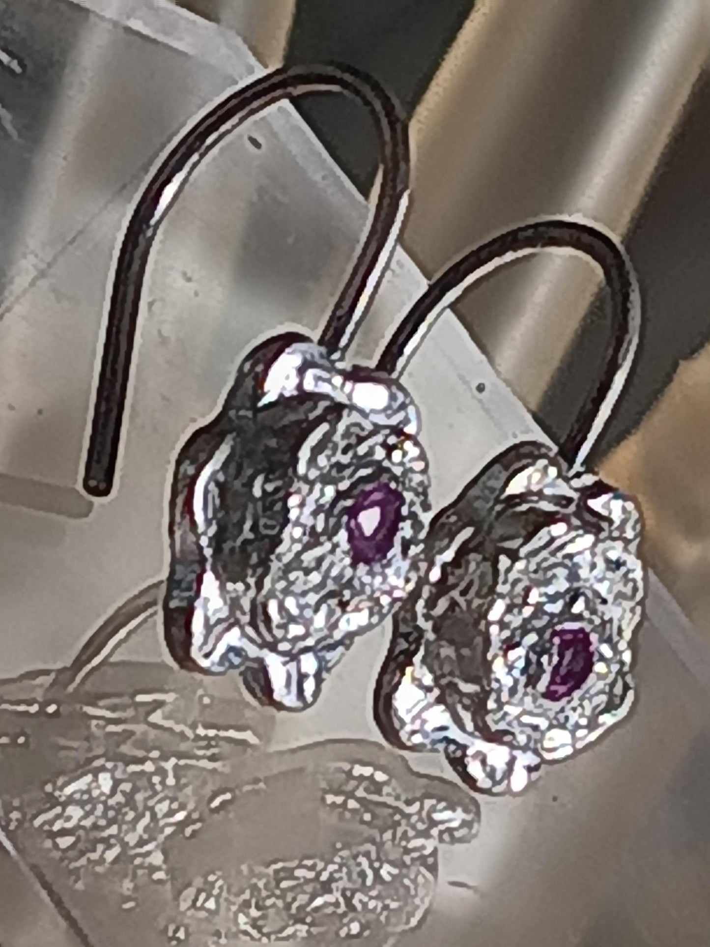 Hand Carved Fine Silver Flower Earrings with Pink Sapphire Center - Gems by Gigi