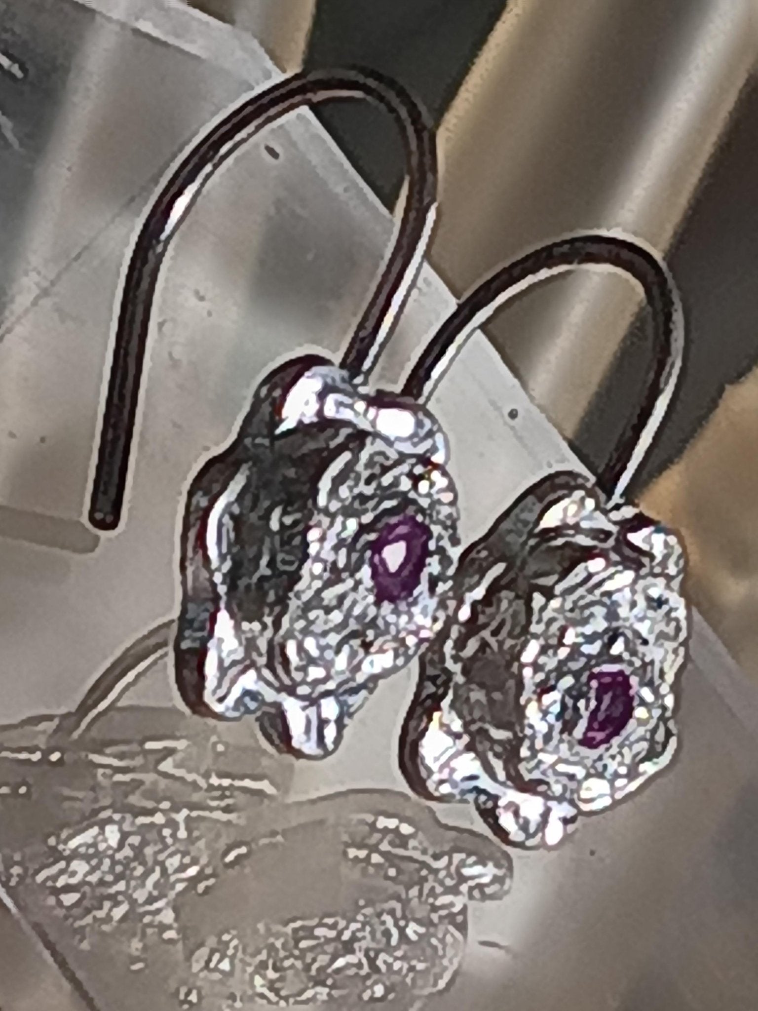Hand Carved Fine Silver Flower Earrings with Pink Sapphire Center - Gems by Gigi