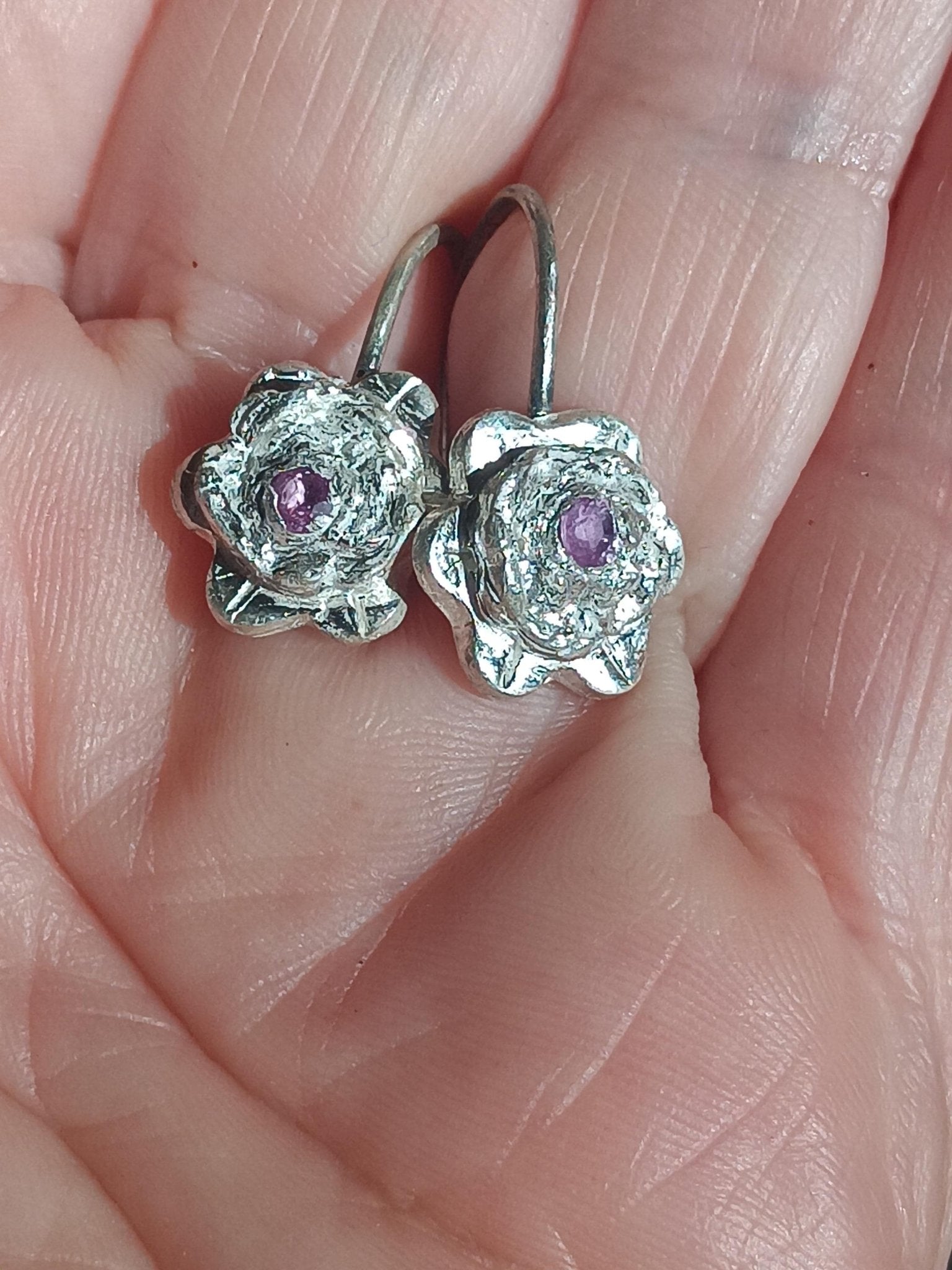Hand Carved Fine Silver Flower Earrings with Pink Sapphire Center - Gems by Gigi