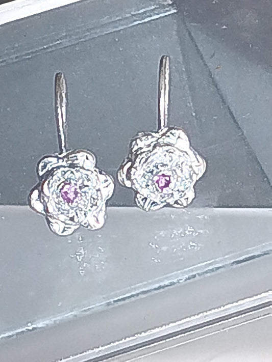 Hand Carved Fine Silver Flower Earrings with Pink Sapphire Center - Gems by Gigi