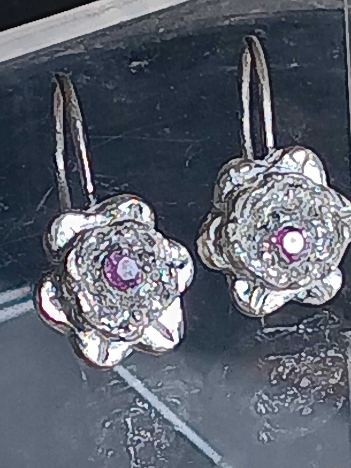 Hand Carved Fine Silver Flower Earrings with Pink Sapphire Center - Gems by Gigi