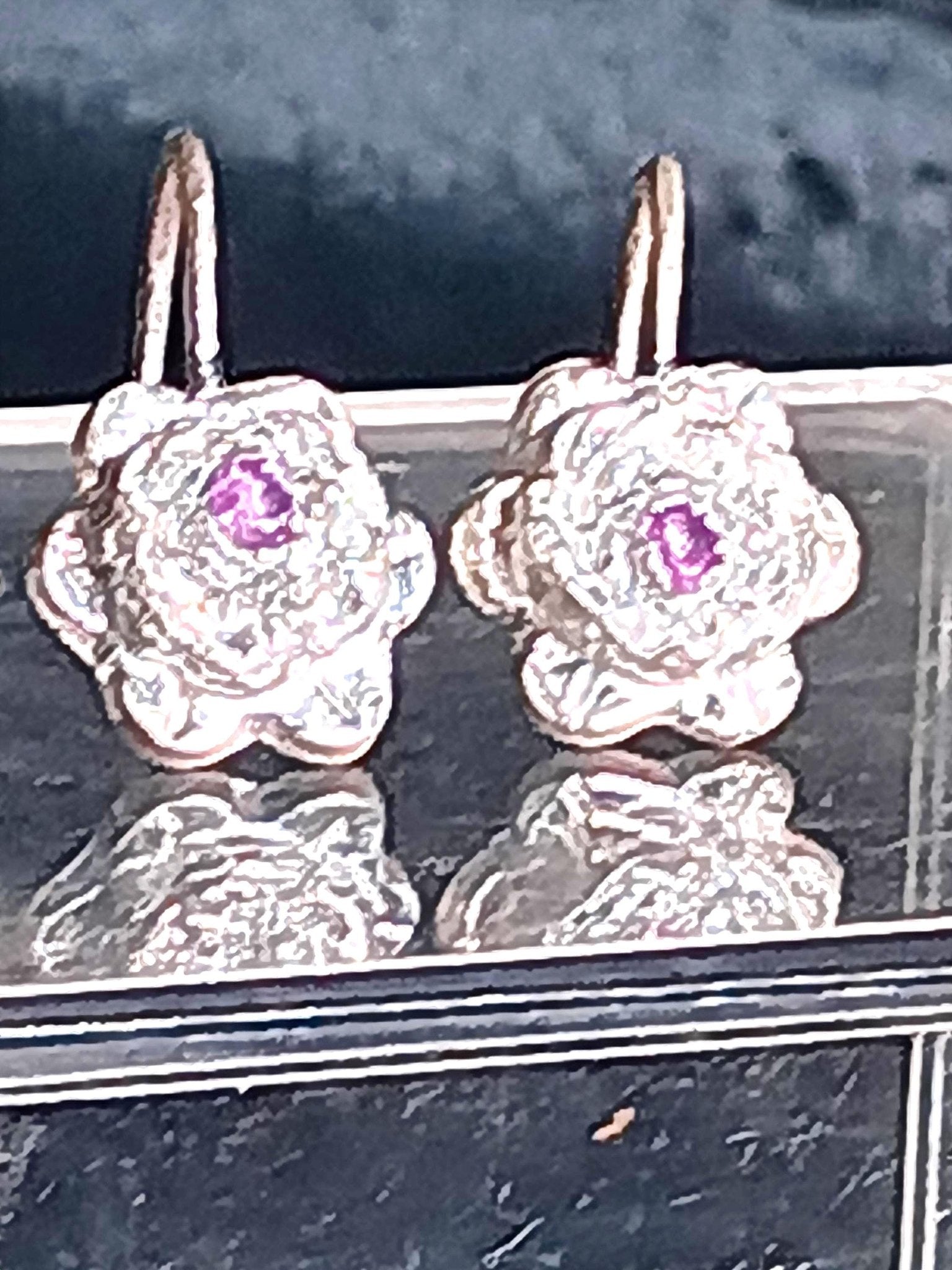 Hand Carved Fine Silver Flower Earrings with Pink Sapphire Center - Gems by Gigi