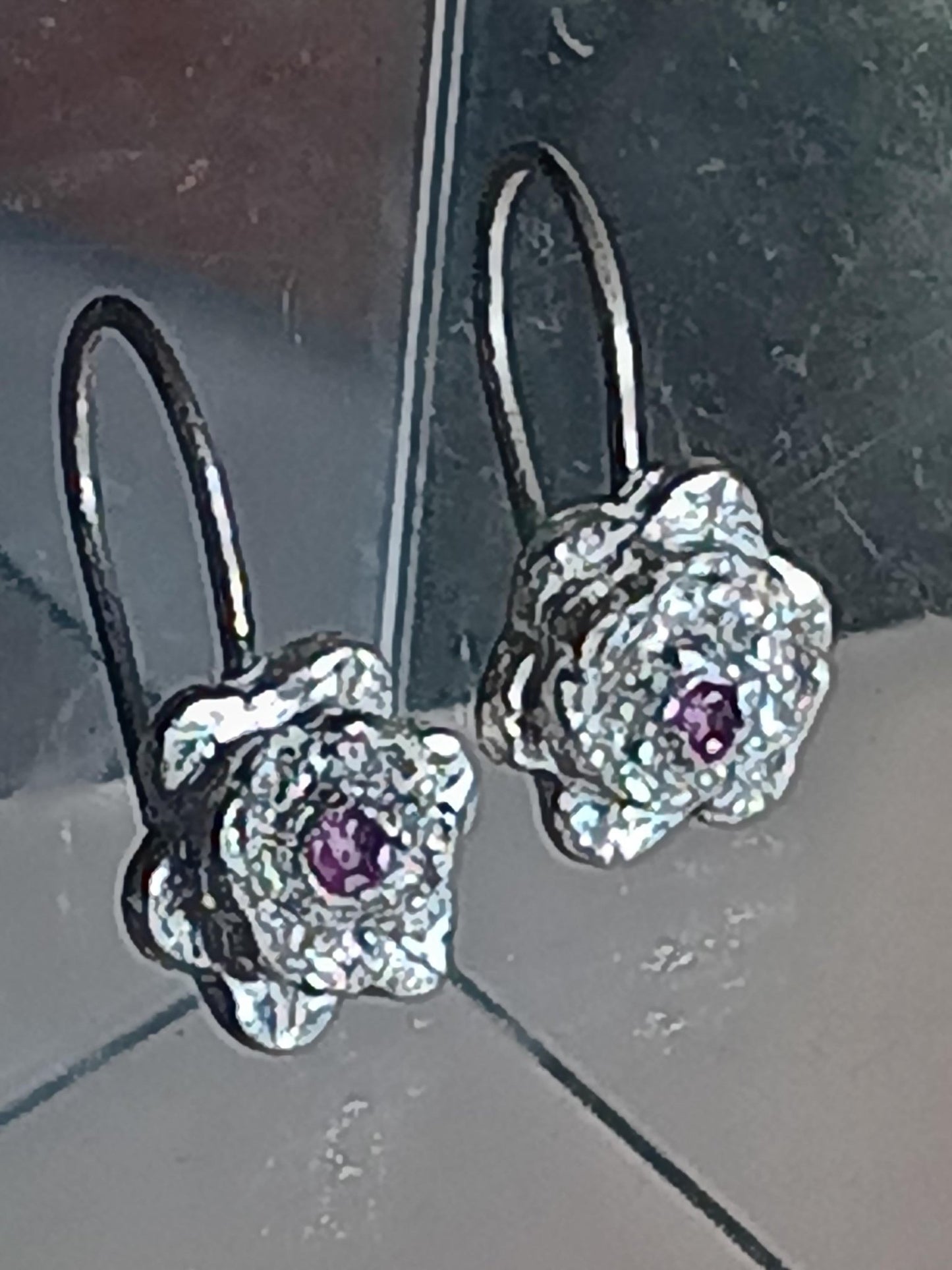 Hand Carved Fine Silver Flower Earrings with Pink Sapphire Center - Gems by Gigi