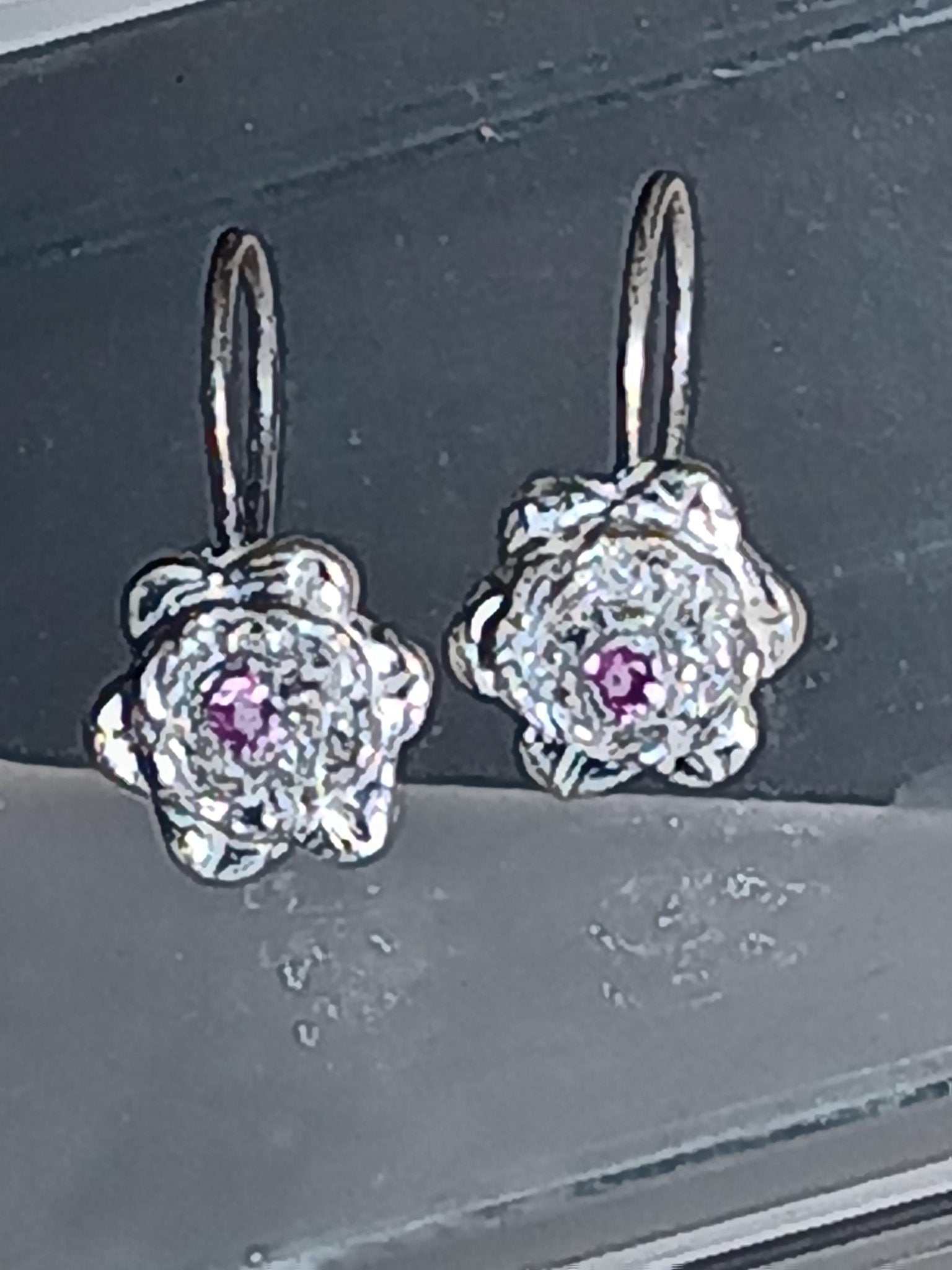 Hand Carved Fine Silver Flower Earrings with Pink Sapphire Center - Gems by Gigi
