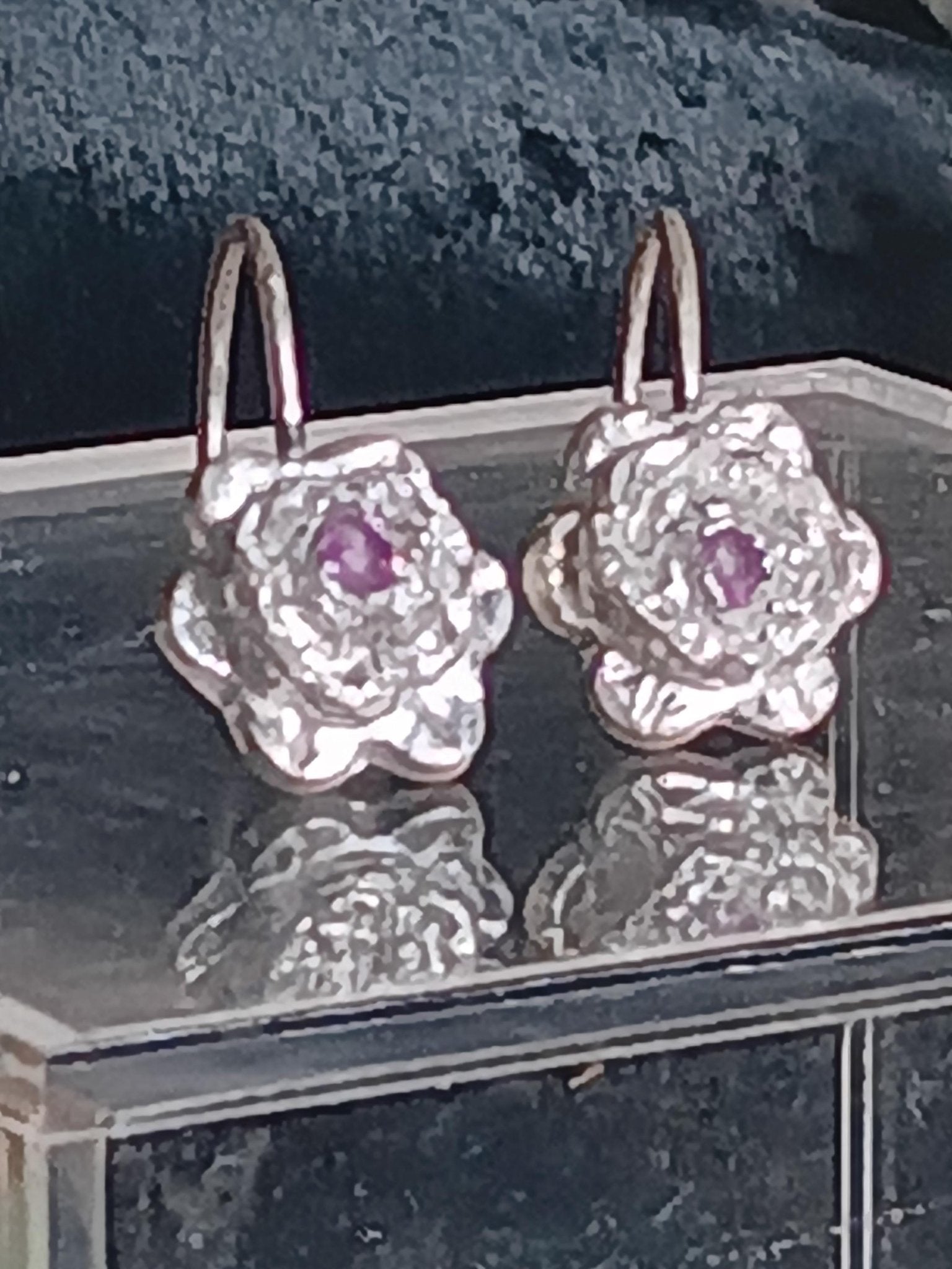 Hand Carved Fine Silver Flower Earrings with Pink Sapphire Center - Gems by Gigi