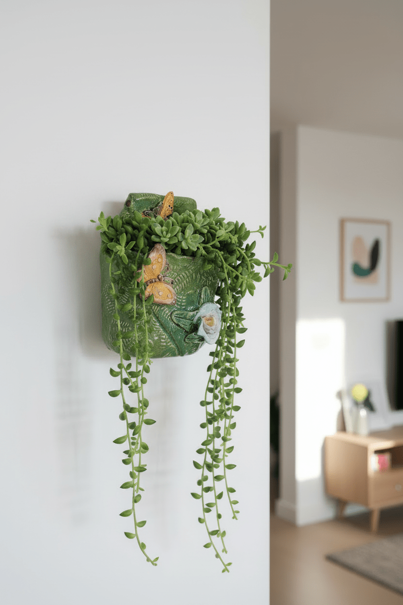Handmade Ceramic Butterfly Flower Wall Pocket, Green Leaf Texture Home Decor - Gems by Gigi